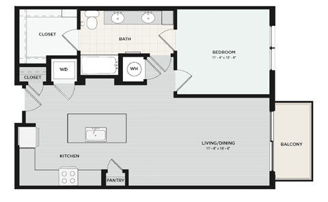 Floor plan for 1 bed, 1 bath, 863 sqft